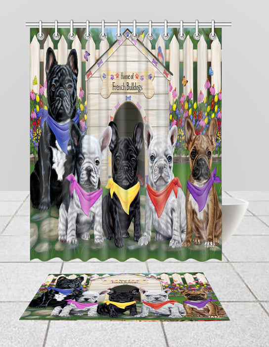 Spring Dog House French BullDogs Bath Mat and Shower Curtain Combo