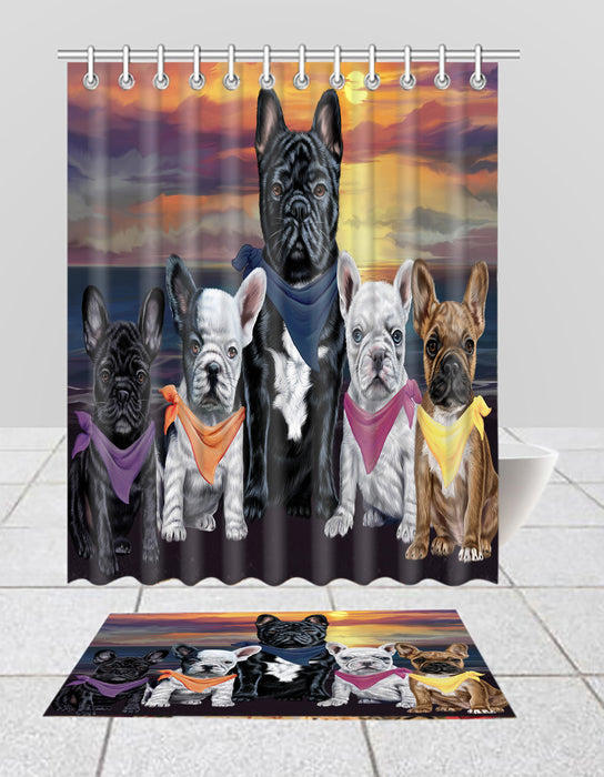 Family Sunset Portrait French Bulldogs Bath Mat and Shower Curtain Combo
