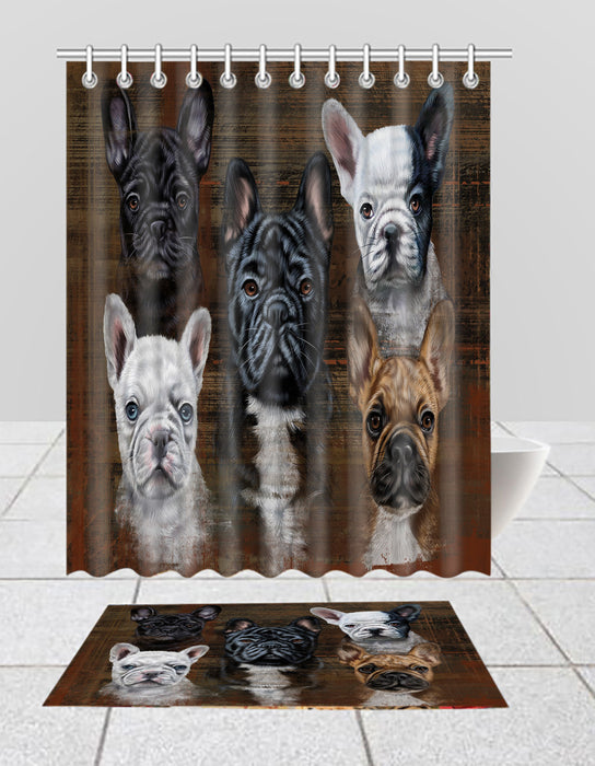 Rustic French Bull Dogs  Bath Mat and Shower Curtain Combo