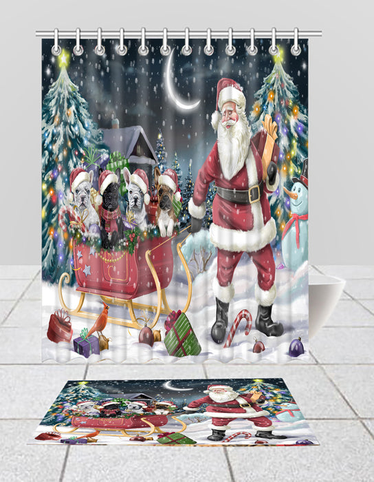 Santa Sled Dogs Christmas Happy Holidays French Bulldogs Bath Mat and Shower Curtain Combo