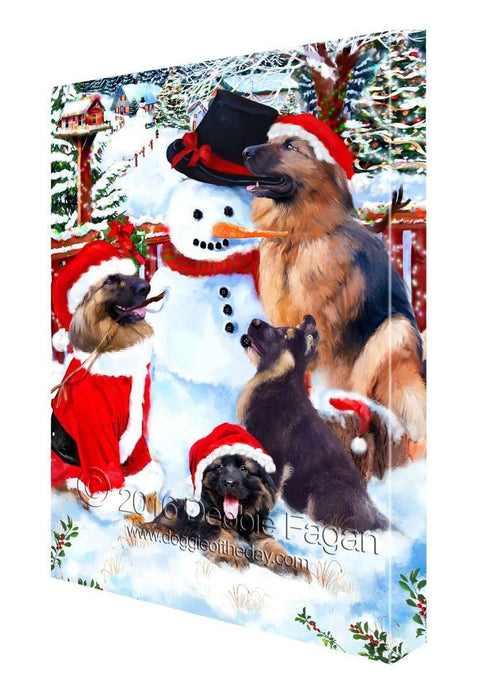 German Shepherd Dog and Puppies Building a Christmas Snowman Canvas