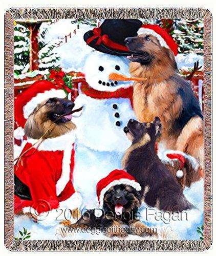 German Shepherd Dog and Puppies Building a Christmas Snowman Woven Throw Blanket 54 X 38