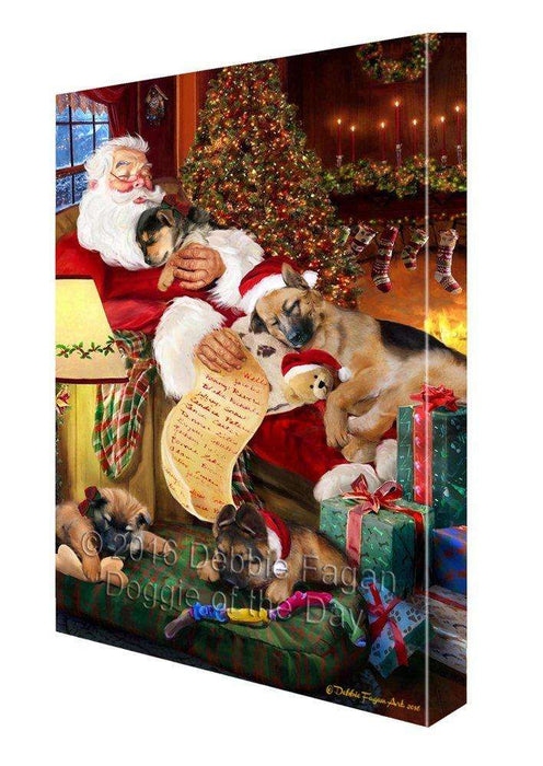 German Shepherd Dog and Puppies Sleeping with Santa Painting Printed on Canvas Wall Art