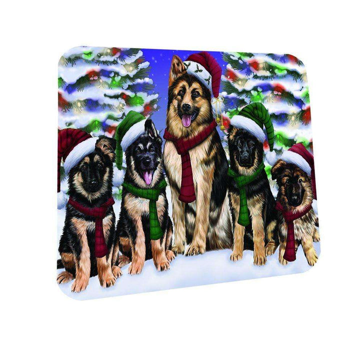 German Shepherd Dog Christmas Family Portrait in Holiday Scenic Background Coasters Set of 4