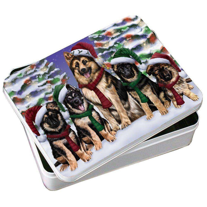 German Shepherd Dog Christmas Family Portrait in Holiday Scenic Background Photo Storage Tin