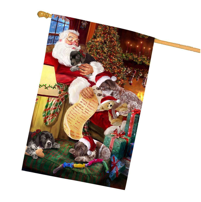 German Shorthaired Pointer Dog and Puppies Sleeping with Santa House Flag
