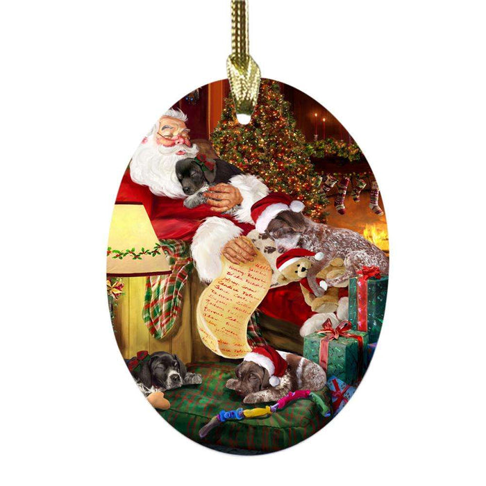 German Shorthaired Pointers Dog and Puppies Sleeping with Santa Oval Glass Christmas Ornament OGOR49281