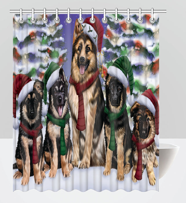 German Shepherd Dogs Christmas Family Portrait in Holiday Scenic Background Shower Curtain