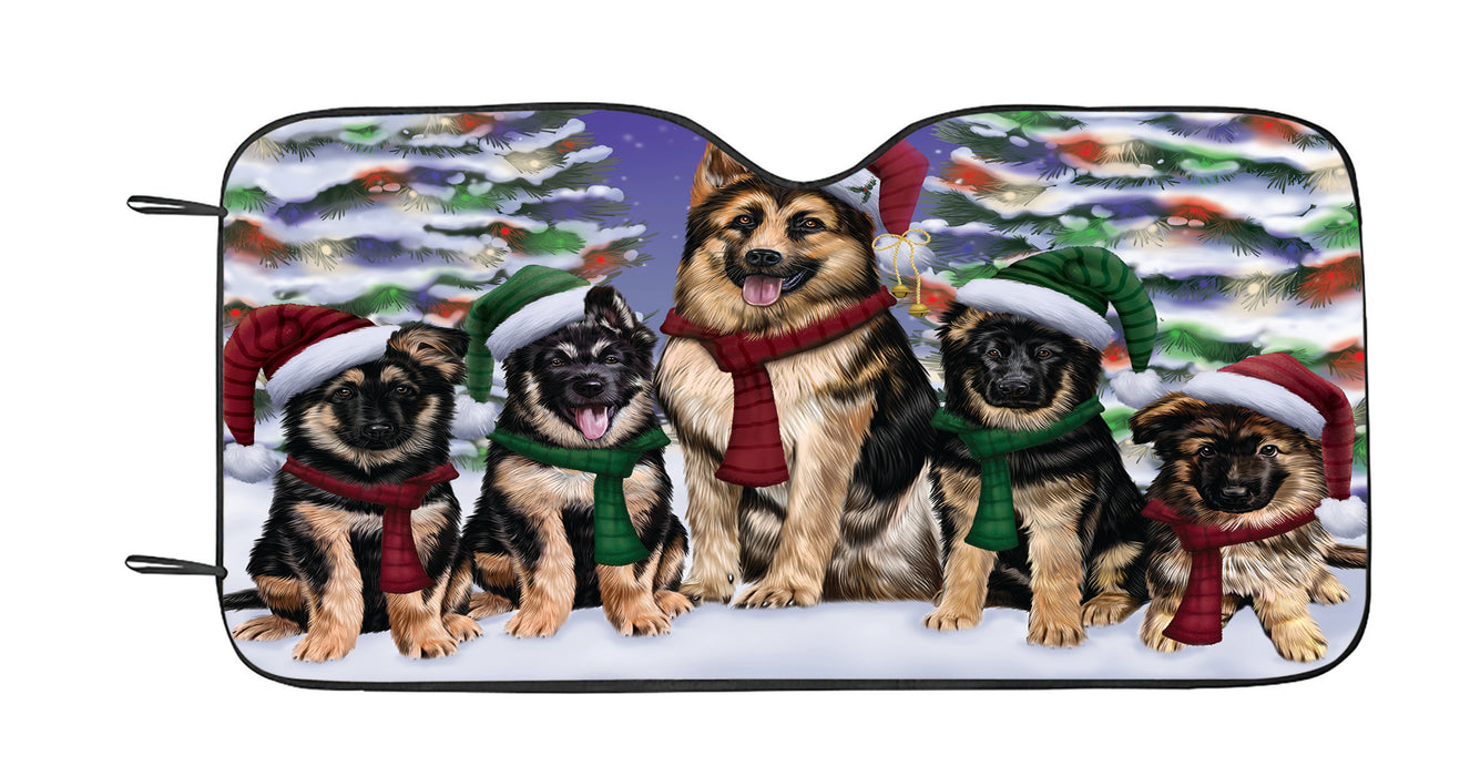 German Shepherd Dogs Christmas Family Portrait in Holiday Scenic Background Car Sun Shade