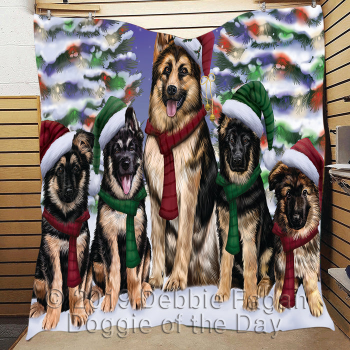 German Shepherd Dogs Christmas Family Portrait in Holiday Scenic Background Quilt