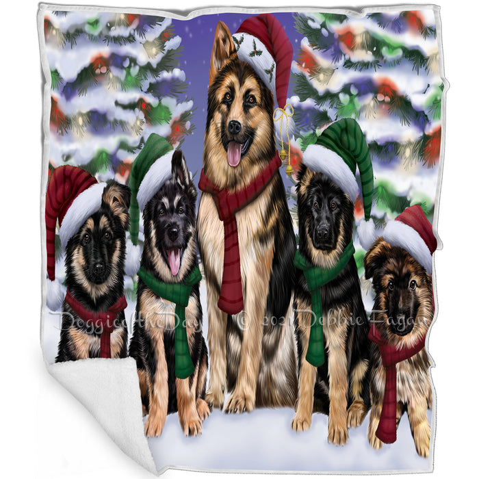 German Shepherd Dog Christmas Family Portrait in Holiday Scenic Background Art Portrait Print Woven Throw Sherpa Plush Fleece Blanket