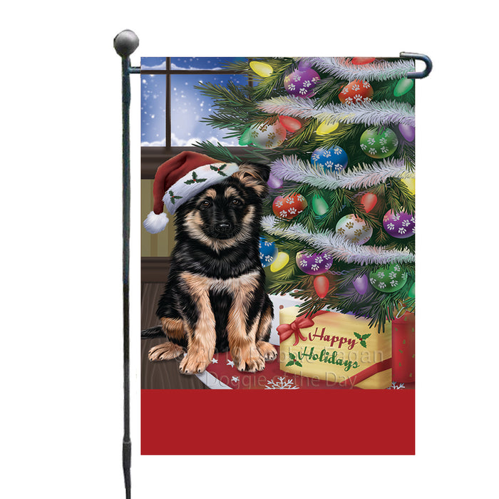 Personalized Christmas Happy Holidays German Shepherd Dog with Tree and Presents Custom Garden Flags GFLG-DOTD-A58630