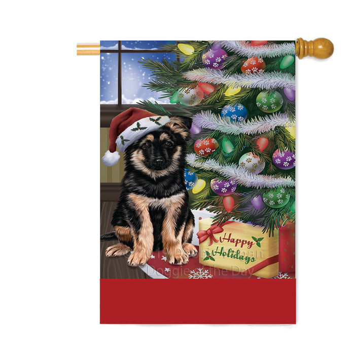 Personalized Christmas Happy Holidays German Shepherd Dog with Tree and Presents Custom House Flag FLG-DOTD-A58686