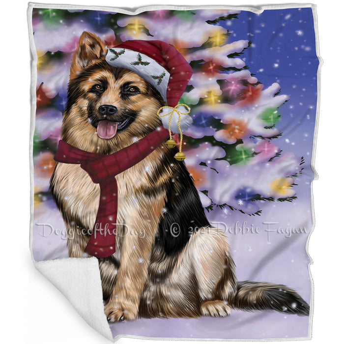 Winterland Wonderland German Shepherd Dog In Christmas Holiday Scenic Background Blanket