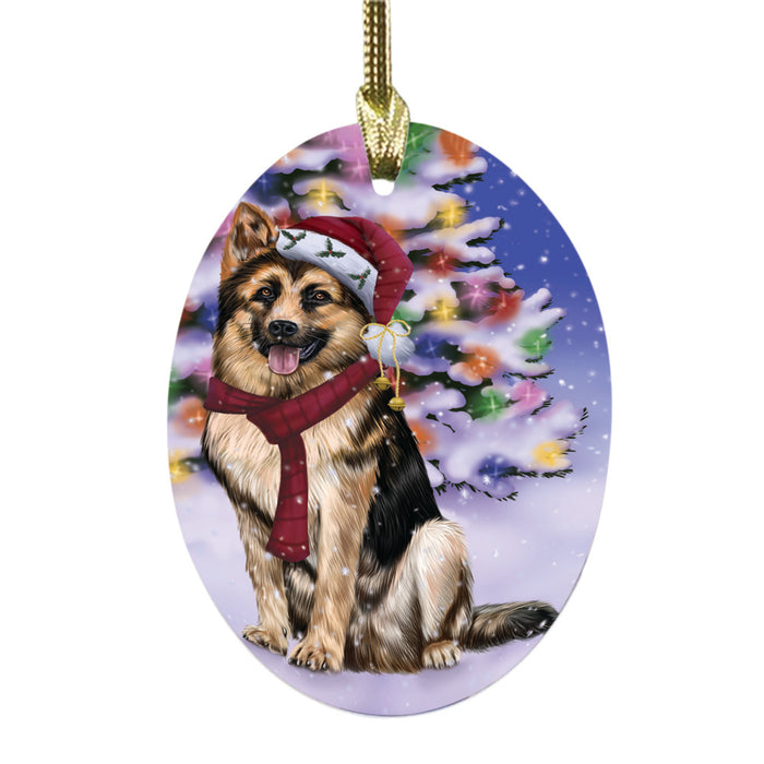 Winterland Wonderland German Shepherd Dog In Christmas Holiday Scenic Background Oval Glass Christmas Ornament OGOR49574