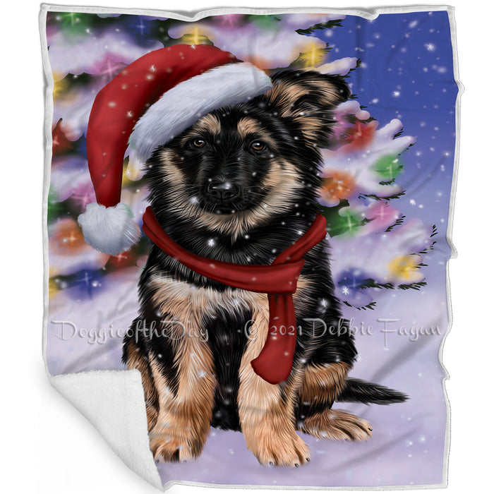 Winterland Wonderland German Shepherd Dog In Christmas Holiday Scenic Background Blanket