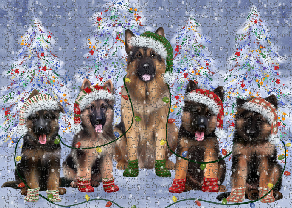 Christmas Lights and German Shepherd Dogs Portrait Jigsaw Puzzle for Adults Animal Interlocking Puzzle Game Unique Gift for Dog Lover's with Metal Tin Box