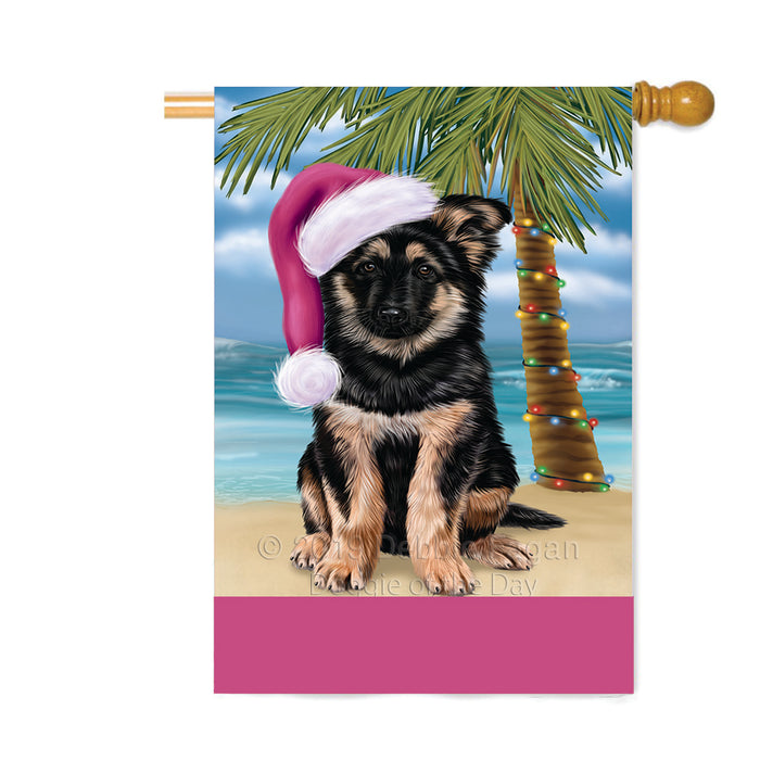 Personalized Summertime Happy Holidays Christmas German Shepherd Dog on Tropical Island Beach Custom House Flag FLG-DOTD-A60534