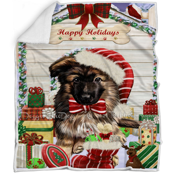 Happy Holidays Christmas German Shepherd Dog House with Presents Blanket BLNKT78987