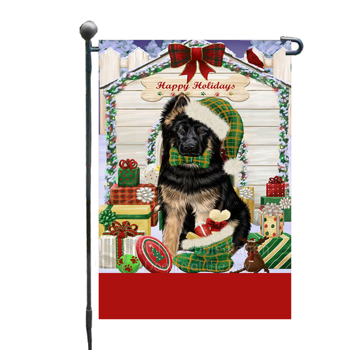 Personalized Happy Holidays Christmas German Shepherd Dog House with Presents Custom Garden Flags GFLG-DOTD-A59323