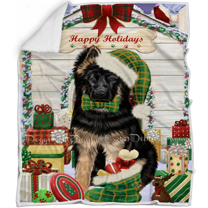 Happy Holidays Christmas German Shepherd Dog House with Presents Blanket BLNKT78960