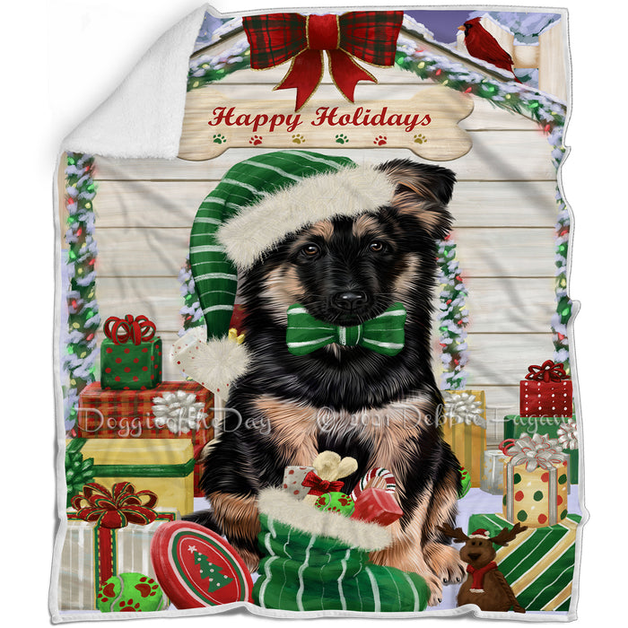 Happy Holidays Christmas German Shepherd Dog House with Presents Blanket BLNKT78969