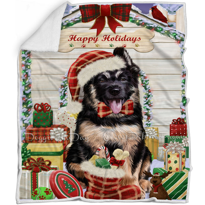 Happy Holidays Christmas German Shepherd Dog House with Presents Blanket BLNKT78978