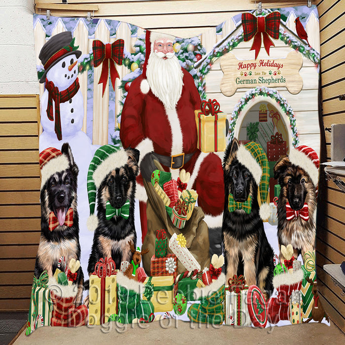 Happy Holidays Christmas German Shepherd Dogs House Gathering Quilt