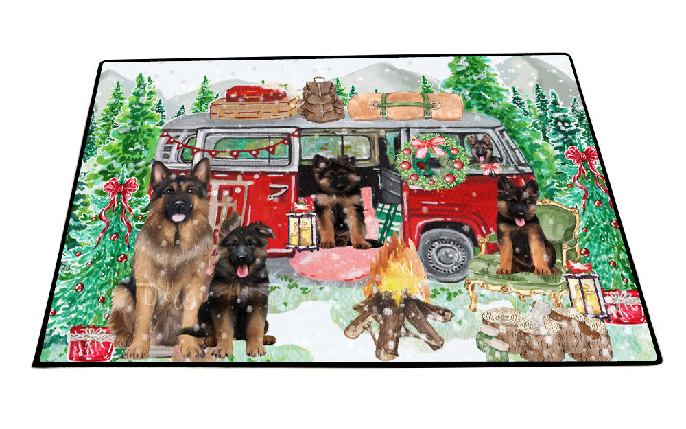 Christmas Time Camping with German Shepherd Dogs Floor Mat- Anti-Slip Pet Door Mat Indoor Outdoor Front Rug Mats for Home Outside Entrance Pets Portrait Unique Rug Washable Premium Quality Mat