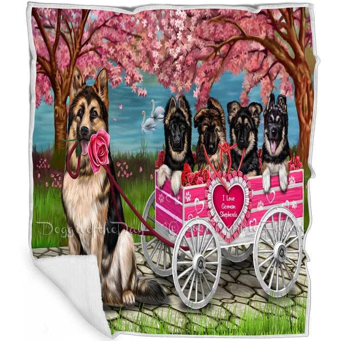 I Love German Shepherd Dogs in a Cart Art Portrait Print Woven Throw Sherpa Plush Fleece Blanket