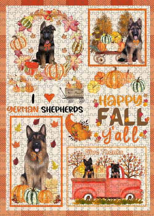 Happy Fall Y'all Pumpkin German Shepherd Dogs Portrait Jigsaw Puzzle for Adults Animal Interlocking Puzzle Game Unique Gift for Dog Lover's with Metal Tin Box