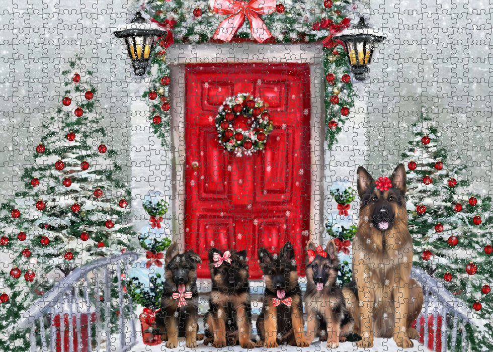 Christmas Holiday Welcome German Shepherd Dogs Portrait Jigsaw Puzzle for Adults Animal Interlocking Puzzle Game Unique Gift for Dog Lover's with Metal Tin Box