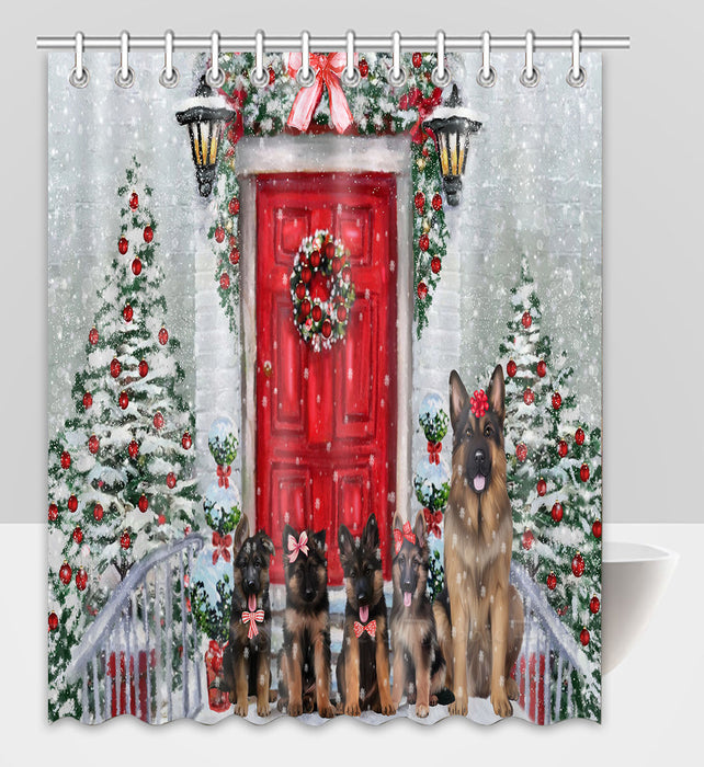 Christmas Holiday Welcome German Shepherd Dogs Shower Curtain Pet Painting Bathtub Curtain Waterproof Polyester One-Side Printing Decor Bath Tub Curtain for Bathroom with Hooks