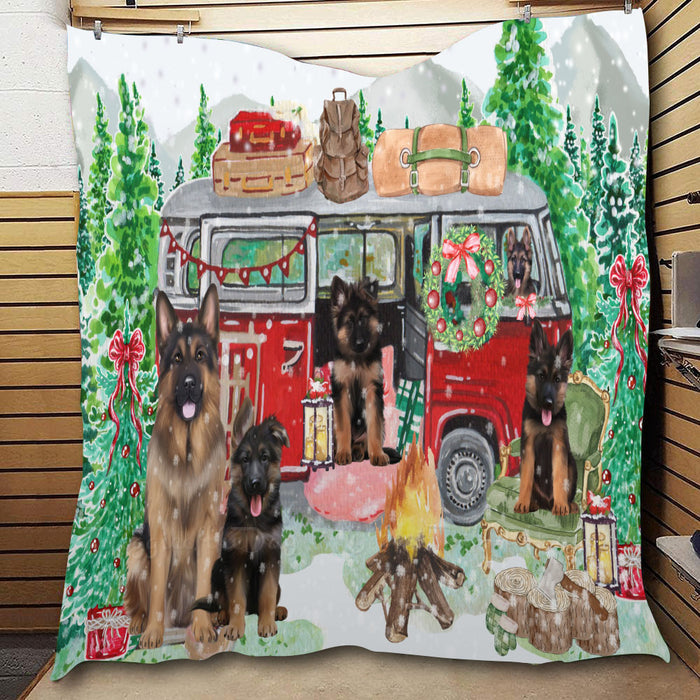 Christmas Time Camping with German Shepherd Dogs  Quilt Bed Coverlet Bedspread - Pets Comforter Unique One-side Animal Printing - Soft Lightweight Durable Washable Polyester Quilt