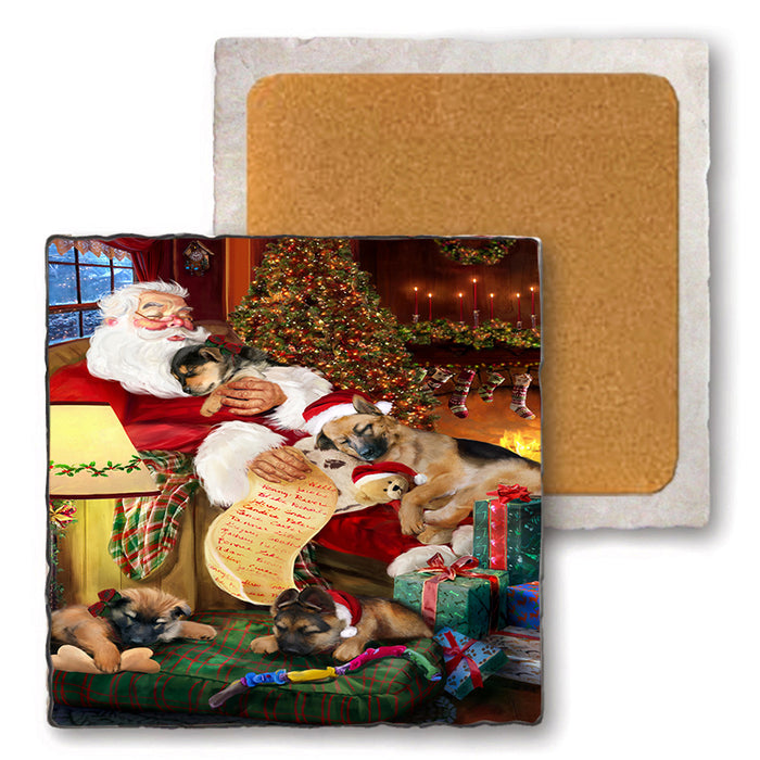 Set of 4 Natural Stone Marble Tile Coasters - German Shepherds Dog and Puppies Sleeping with Santa MCST48102