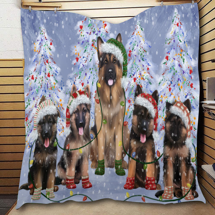 Christmas Lights and German Shepherd Dogs  Quilt Bed Coverlet Bedspread - Pets Comforter Unique One-side Animal Printing - Soft Lightweight Durable Washable Polyester Quilt