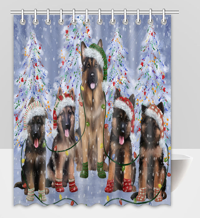 Christmas Lights and German Shepherd Dogs Shower Curtain Pet Painting Bathtub Curtain Waterproof Polyester One-Side Printing Decor Bath Tub Curtain for Bathroom with Hooks