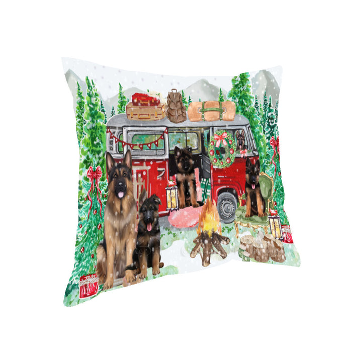 Christmas Time Camping with German Shepherd Dogs Pillow with Top Quality High-Resolution Images - Ultra Soft Pet Pillows for Sleeping - Reversible & Comfort - Ideal Gift for Dog Lover - Cushion for Sofa Couch Bed - 100% Polyester