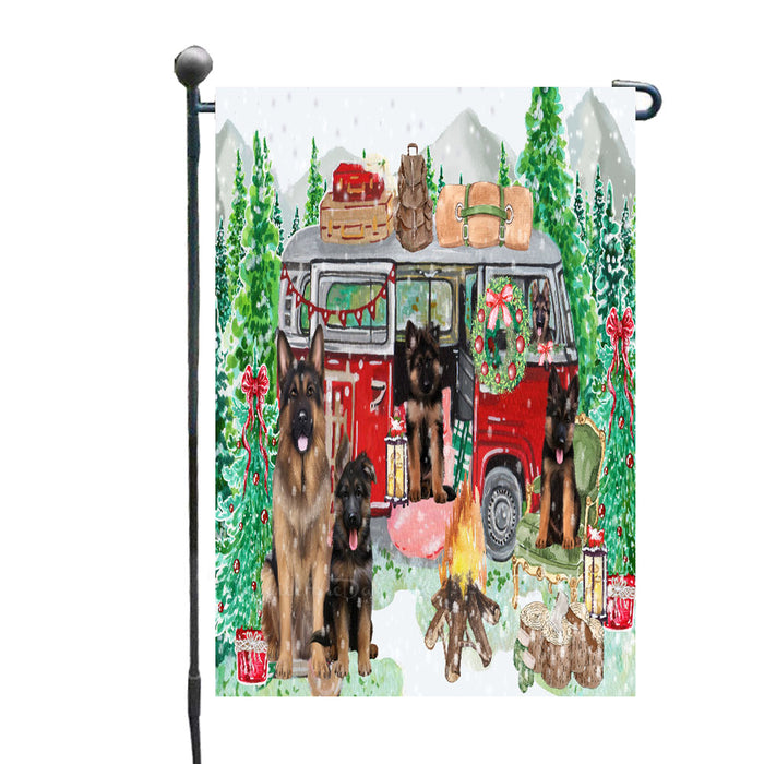 Christmas Time Camping with German Shepherd Dogs Garden Flags- Outdoor Double Sided Garden Yard Porch Lawn Spring Decorative Vertical Home Flags 12 1/2"w x 18"h
