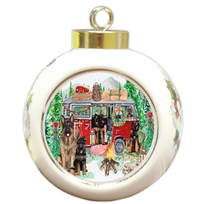Christmas Time Camping with German Shepherd Dogs Round Ball Christmas Ornament Pet Decorative Hanging Ornaments for Christmas X-mas Tree Decorations - 3" Round Ceramic Ornament