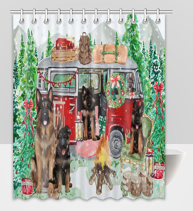 Christmas Time Camping with German Shepherd Dogs Shower Curtain Pet Painting Bathtub Curtain Waterproof Polyester One-Side Printing Decor Bath Tub Curtain for Bathroom with Hooks
