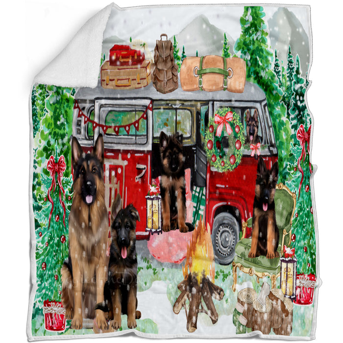 Christmas Time Camping with German Shepherd Dogs Blanket - Lightweight Soft Cozy and Durable Bed Blanket - Animal Theme Fuzzy Blanket for Sofa Couch