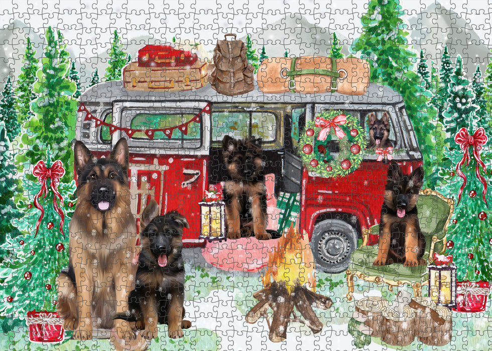 Christmas Time Camping with German Shepherd Dogs Portrait Jigsaw Puzzle for Adults Animal Interlocking Puzzle Game Unique Gift for Dog Lover's with Metal Tin Box