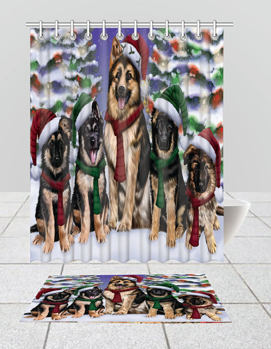 German Shepherd Dogs Christmas Family Portrait in Holiday Scenic Background  Bath Mat and Shower Curtain Combo
