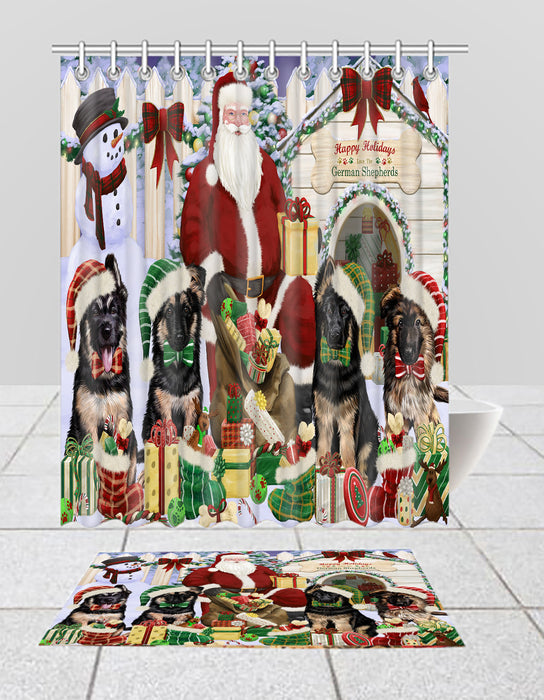 Happy Holidays Christmas German Shepherd Dogs House Gathering Bath Mat and Shower Curtain Combo