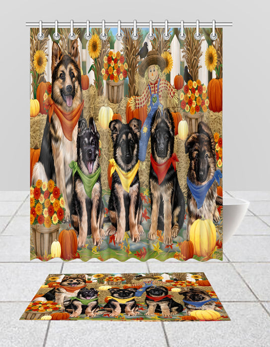 Fall Festive Harvest Time Gathering German Shepherd Dogs Bath Mat and Shower Curtain Combo