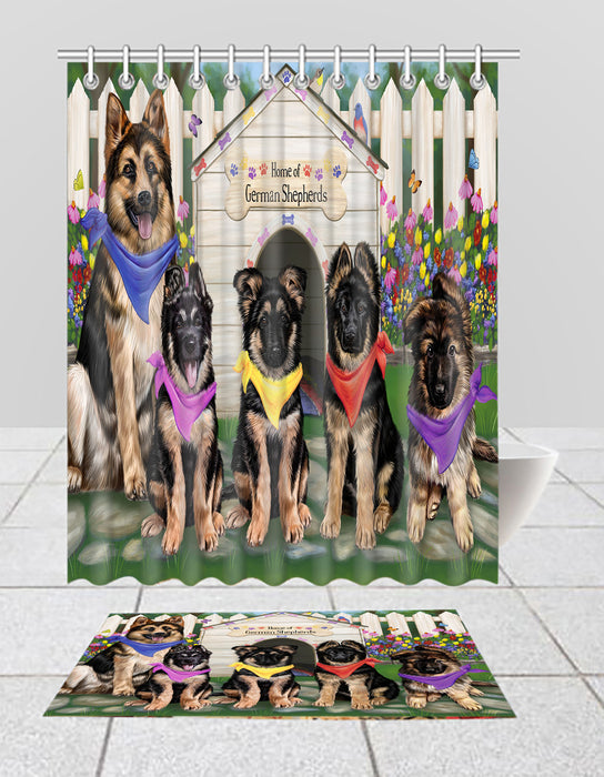 Spring Dog House German Shepherd Dogs Bath Mat and Shower Curtain Combo