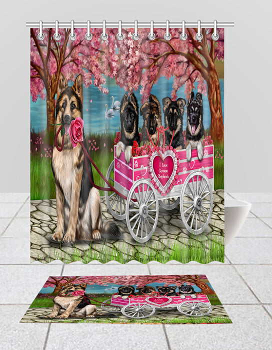 I Love German Shepherd Dogs in a Cart Bath Mat and Shower Curtain Combo