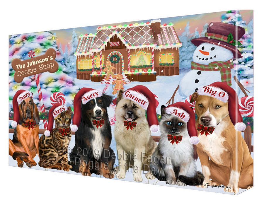 Custom Personalized Cartoonish Pet Photo and Name on Canvas Print Wall Art in Gingerbread Cookie Shop Background