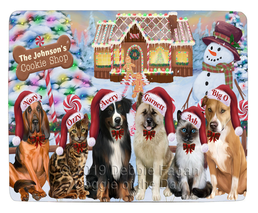 Custom Personalized Cartoonish Pet Photo and Name on Blanket in Gingerbread Cookie Shop Background